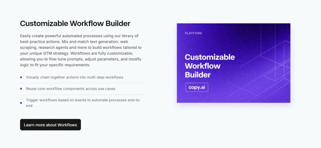 Copy.ai workflow builder interface 2025 showing customizable automation features