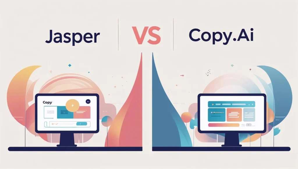 Jasper and Copy.ai logos in a side-by-side comparison layout Header Image Description: Visual graphic comparing Jasper and Copy.ai, two leading AI writing tools for productivity and marketing in 2025.