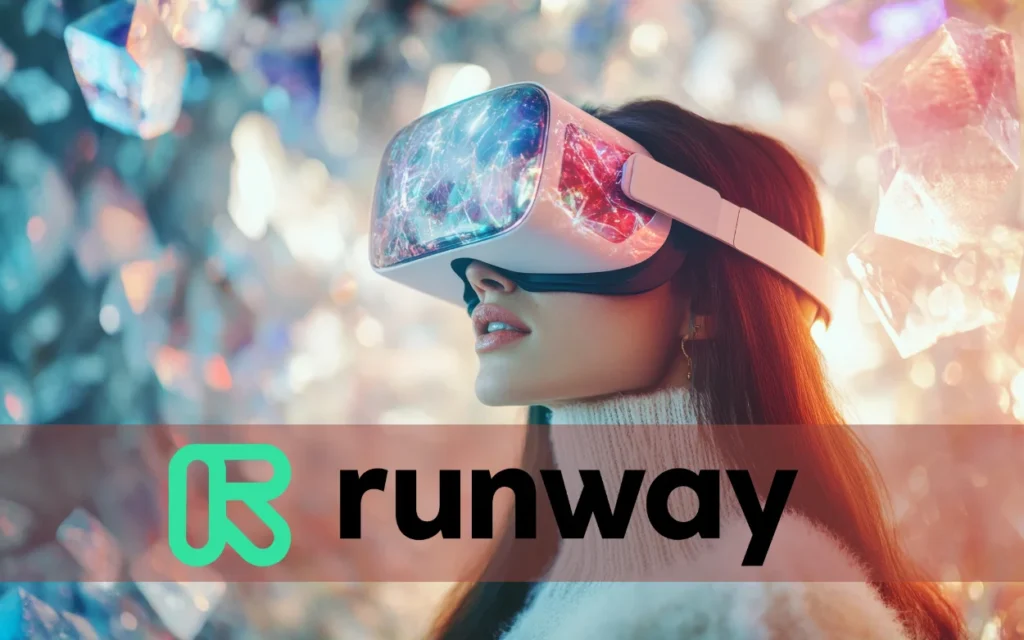 Woman wearing Oculus headset in futuristic AI-generated environment with Runway ML logo