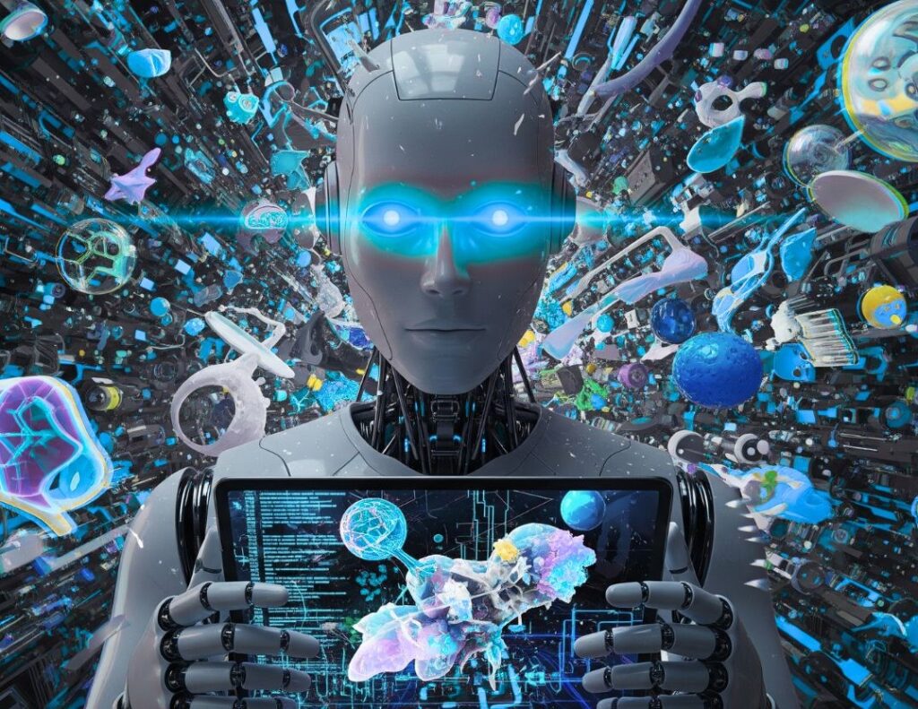 Illustration of AI hallucinations in 2025 showing a confused AI generating false information