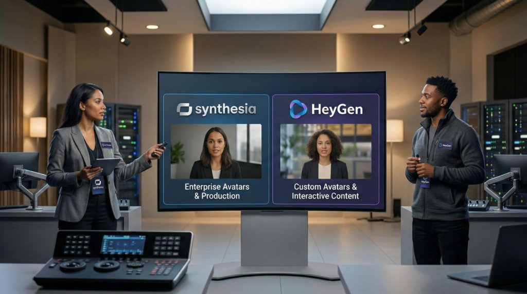 Synthesia vs HeyGen comparison for the best AI video presenter tool (updated)