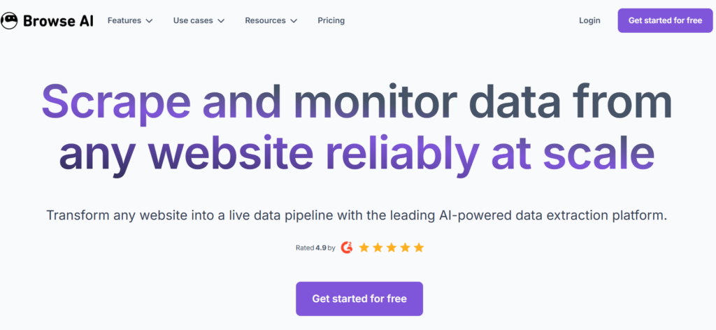 Browse AI dashboard showing no-code web scraping features and robot workflow setup.