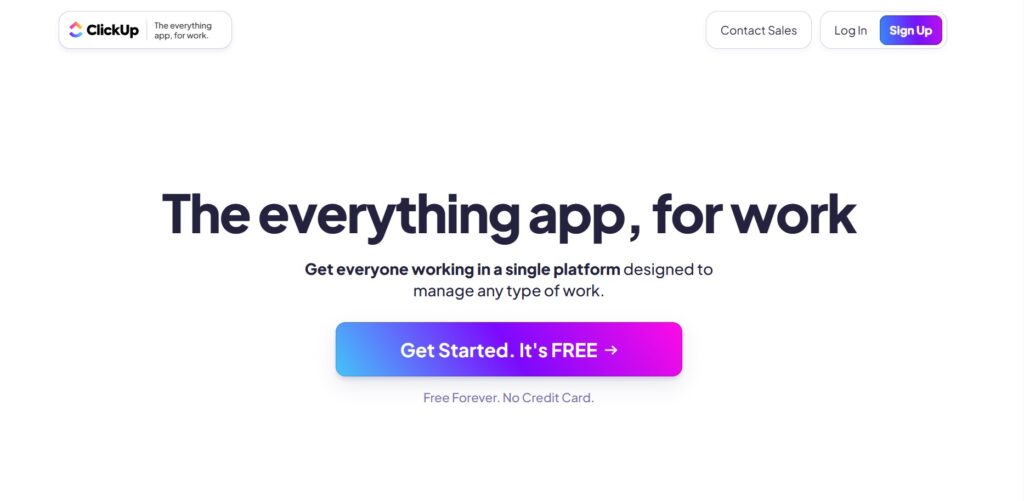 ClickUp homepage showcasing AI features, productivity tools, and workspace management options