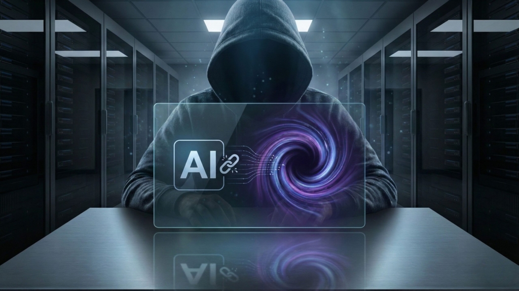 User interacting with a free AI tool while hidden data tracking occurs in the background – ethical AI concern illustration