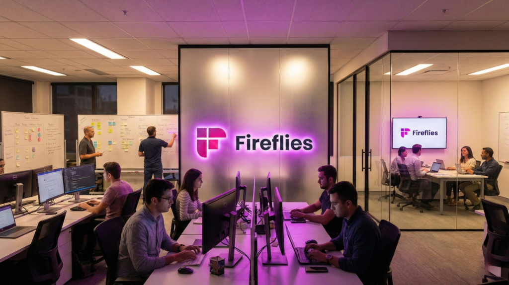 people having a meeting with the logo of fireflies.ai