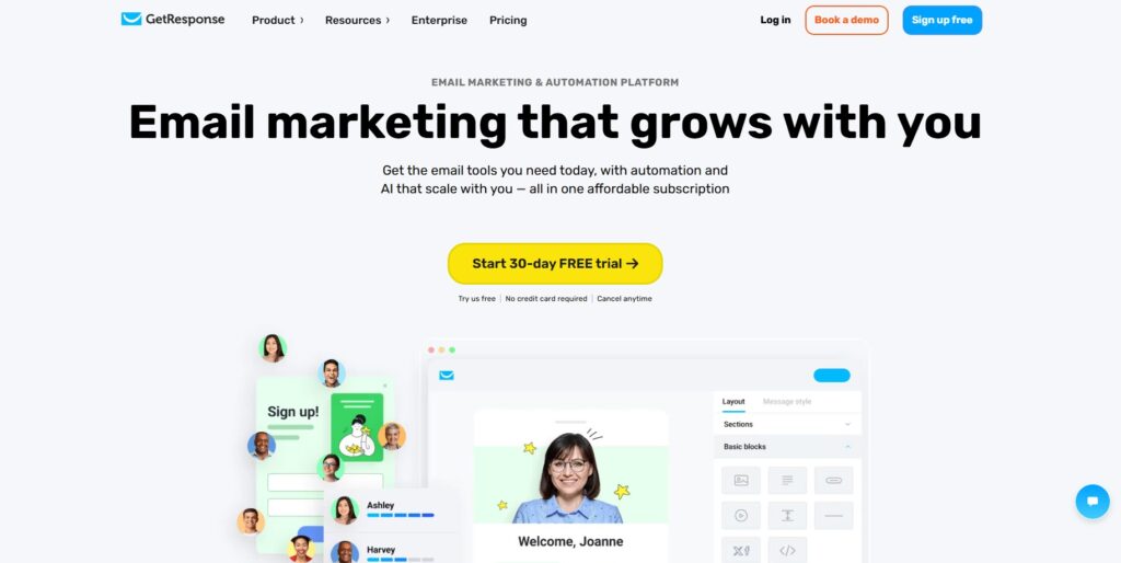 Screenshot of GetResponse AI homepage showcasing email marketing automation features and tools – 2025