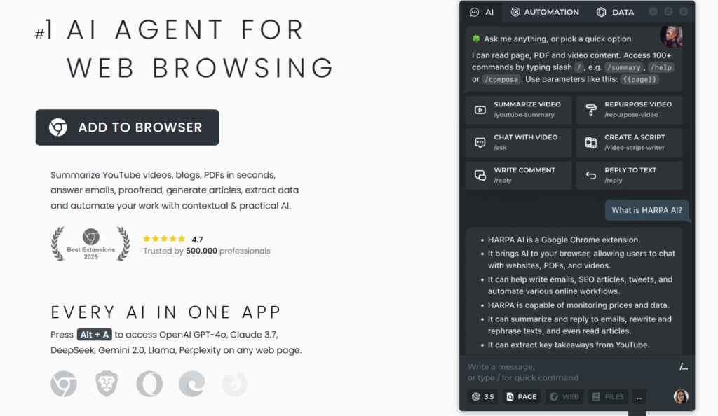Screenshot of Harpa AI browser assistant interface showing productivity and automation features