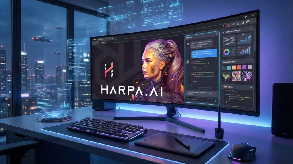 Modern web browser with Harpa AI sidebar, smart automation tools, and productivity dashboard – 2025