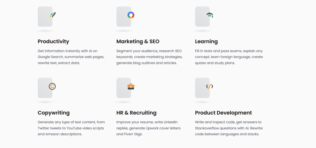 Screenshot of Harpa AI features page showing browser automation, summaries, and productivity tools