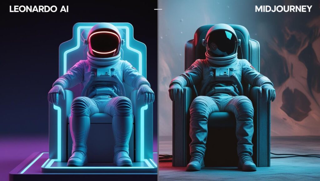 Leonardo vs Midjourney Side-by-side comparison of the same AI art prompt generated by Leonardo AI and Midjourney, showing different visual styles