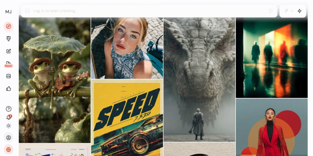 Midjourney dashboard interface showing prompt input and AI-generated art preview