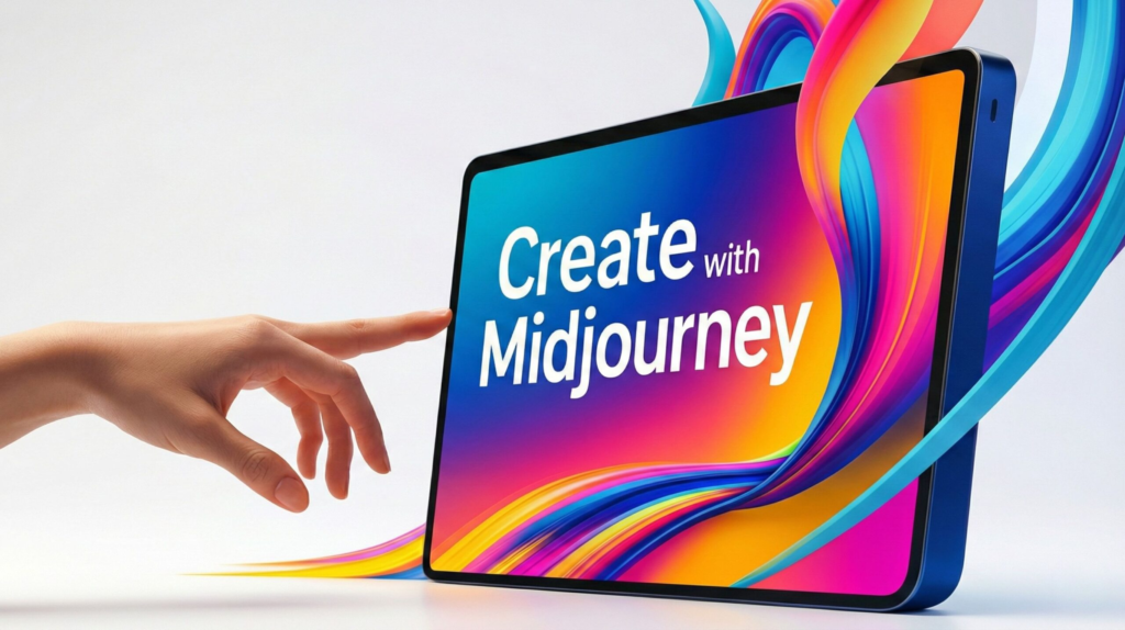 Digital artist using Midjourney on a futuristic interface with vibrant AI-generated art, representing Midjourney prompt hacks for stunning visuals