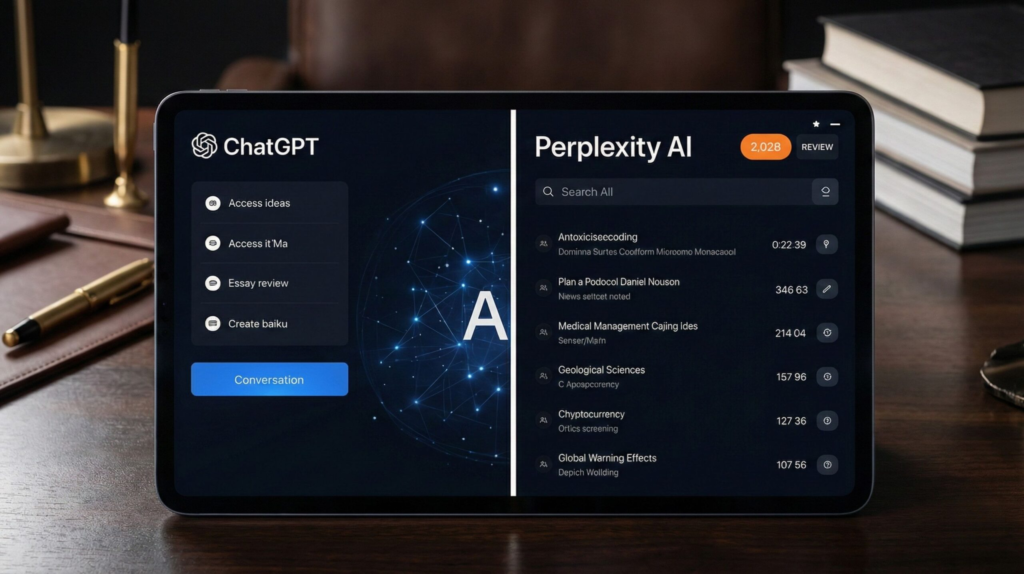 Side-by-side comparison of ChatGPT and Perplexity AI interfaces on modern screens