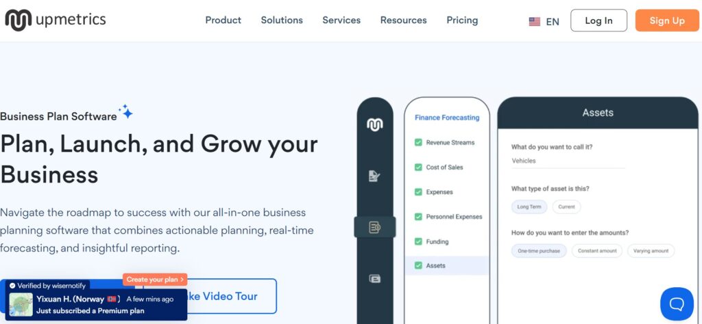 Screenshot of the Upmetrics AI homepage showing business planning tools, templates, and dashboard interface