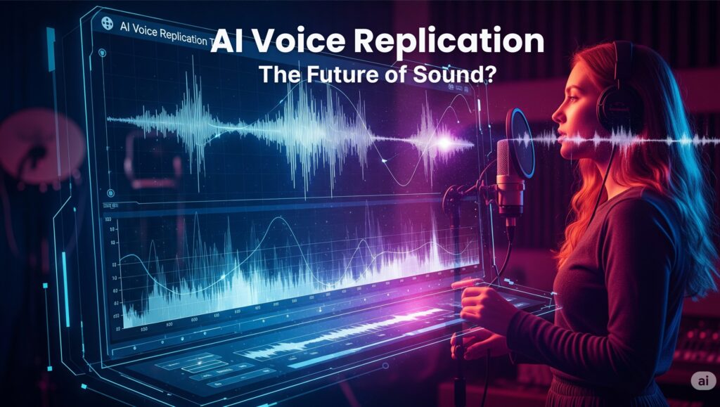 Woman recording voice in a studio for AI voice replication tool demo
