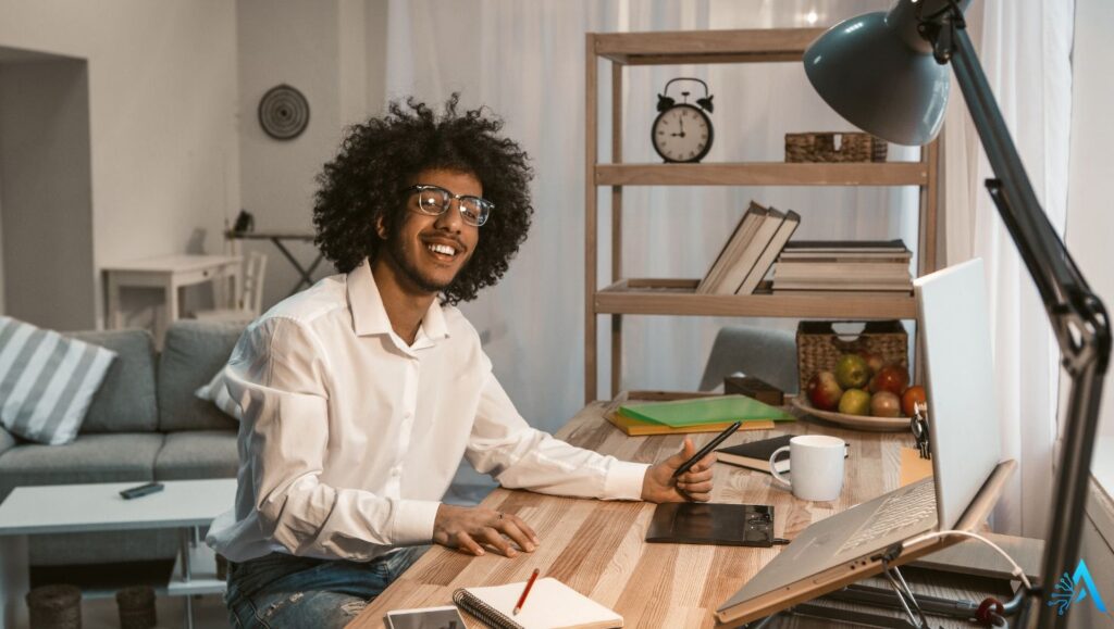 Young AI copywriter working remotely at a creative desk setup, exploring tools like Neuroflash and ChatGPT in 2025