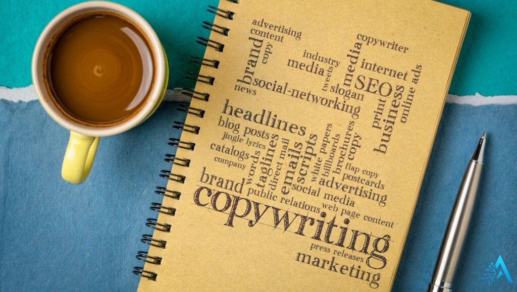 Notebook with copywriting and SEO keywords next to a coffee cup, representing AI copywriting tools like ChatGPT and Neuroflash in 2025