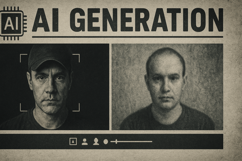 Side-by-side comparison of a real human face and an AI-generated face in a vintage newspaper-style layout, highlighting the visual challenges of deepfake detection in the age of artificial intelligence.