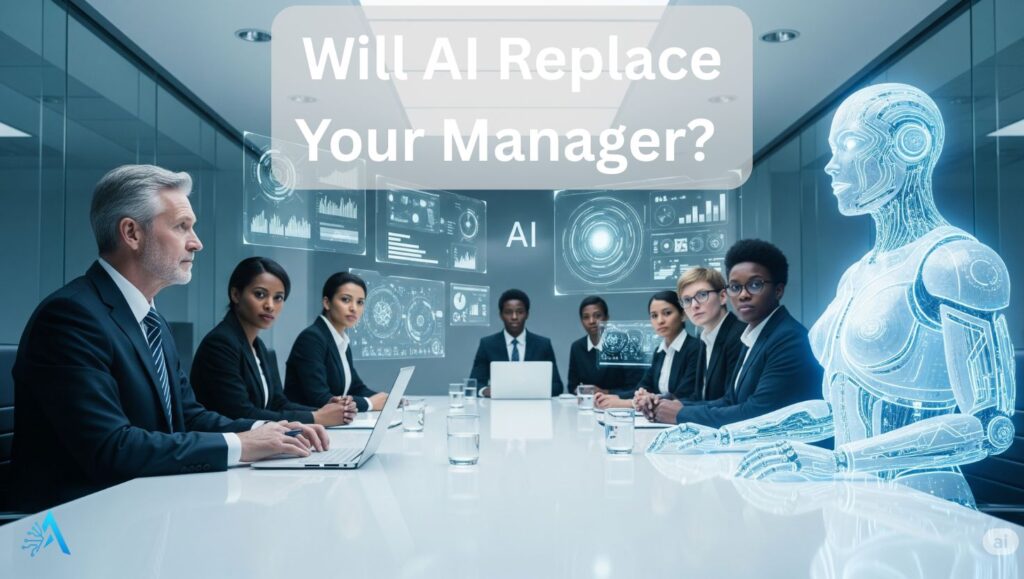 AI assistant managing employees in a modern 2025 office, representing workplace automation and the rise of AI replacing managers