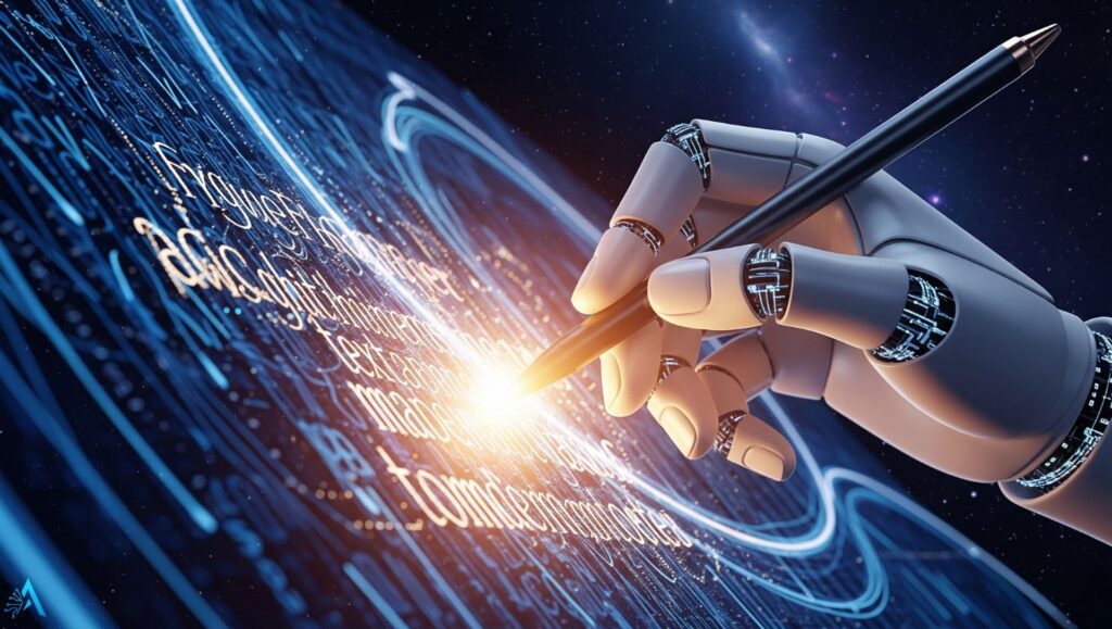 AI robot hand writing creative content with futuristic digital text and glowing light effect