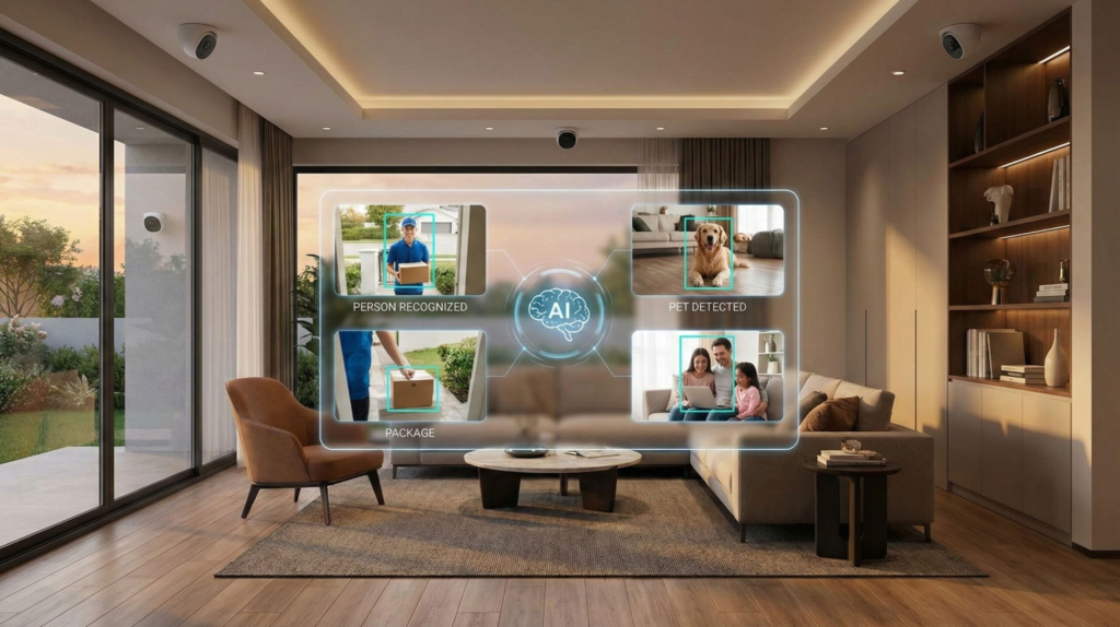 AI security camera in smart home setup with facial recognition interface (2025)