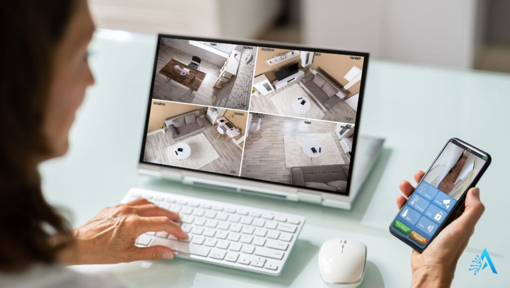 AI security cameras monitoring a smart home interior with multi-view live feeds on a desktop screen and mobile app