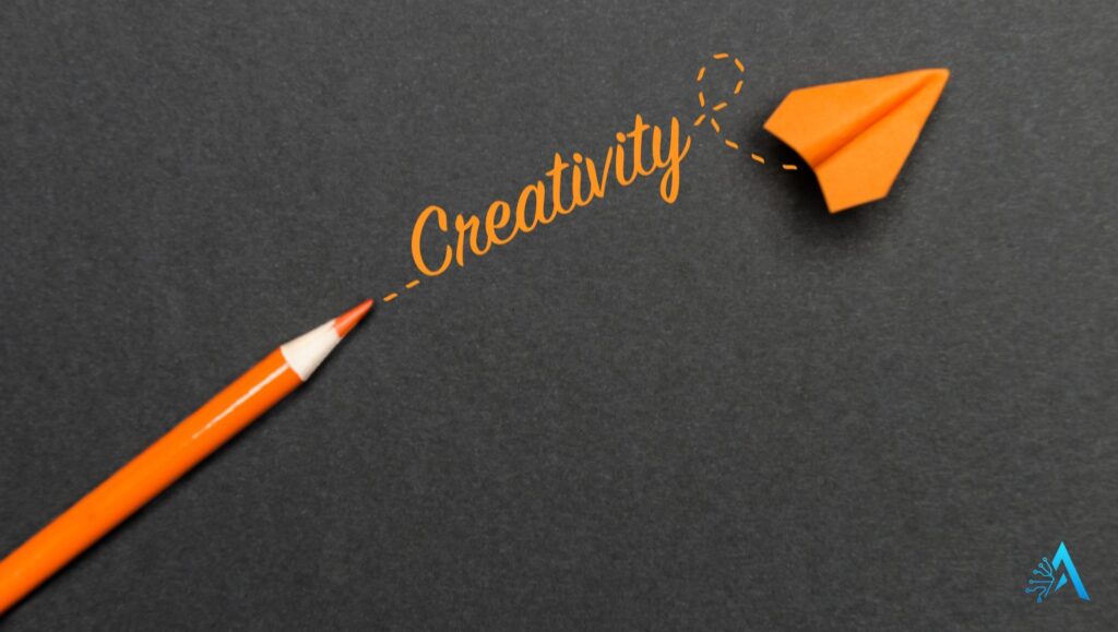 Orange pencil sketching the word creativity with an orange paper plane, symbolizing innovative ideas for designers using AI tools