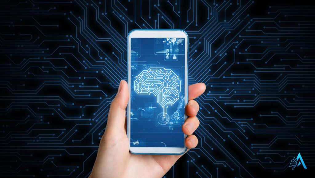 Visual representation of AI tools for mobile on a smartphone screen with a digital brain interface, 2025 technology concept