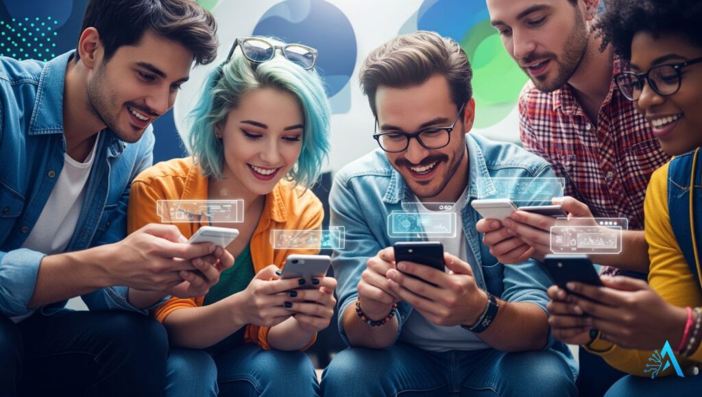 Group of young adults using smartphones with digital AI interfaces, representing AI tools for mobile in 2025