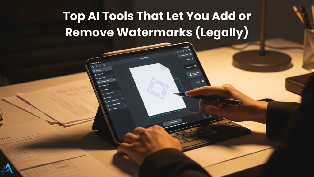 Person using AI watermark tool on laptop in a modern digital workspace, editing an image legally