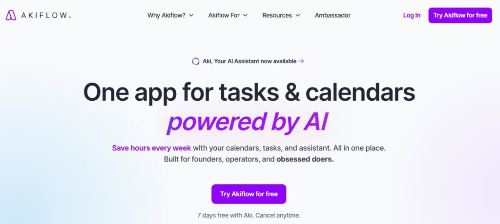 Akiflow AI dashboard showing time blocking, calendar view, and smart task suggestions for remote workers