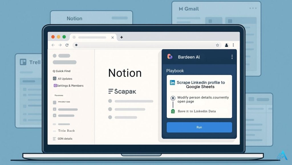 Bardeen AI browser extension automating LinkedIn to Google Sheets workflow inside Notion