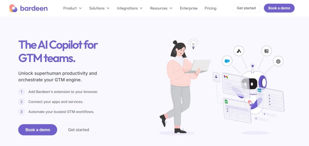 Screenshot of Bardeen AI homepage showing browser automation features and Chrome extension interface in 2025
