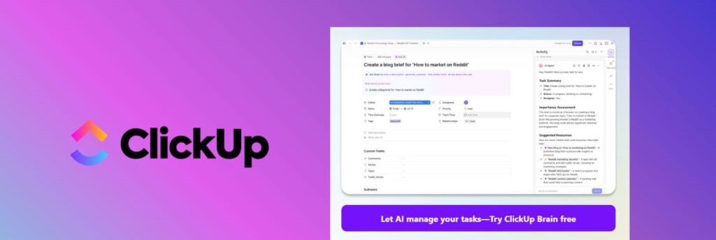 ClickUp AI dashboard showing task management, docs, and smart AI workspace – all-in-one AI tool 2025