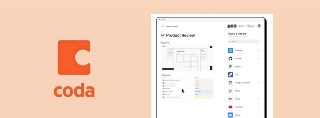 Coda AI workspace dashboard with smart tables, docs, and automations – structured all-in-one AI tool 2025