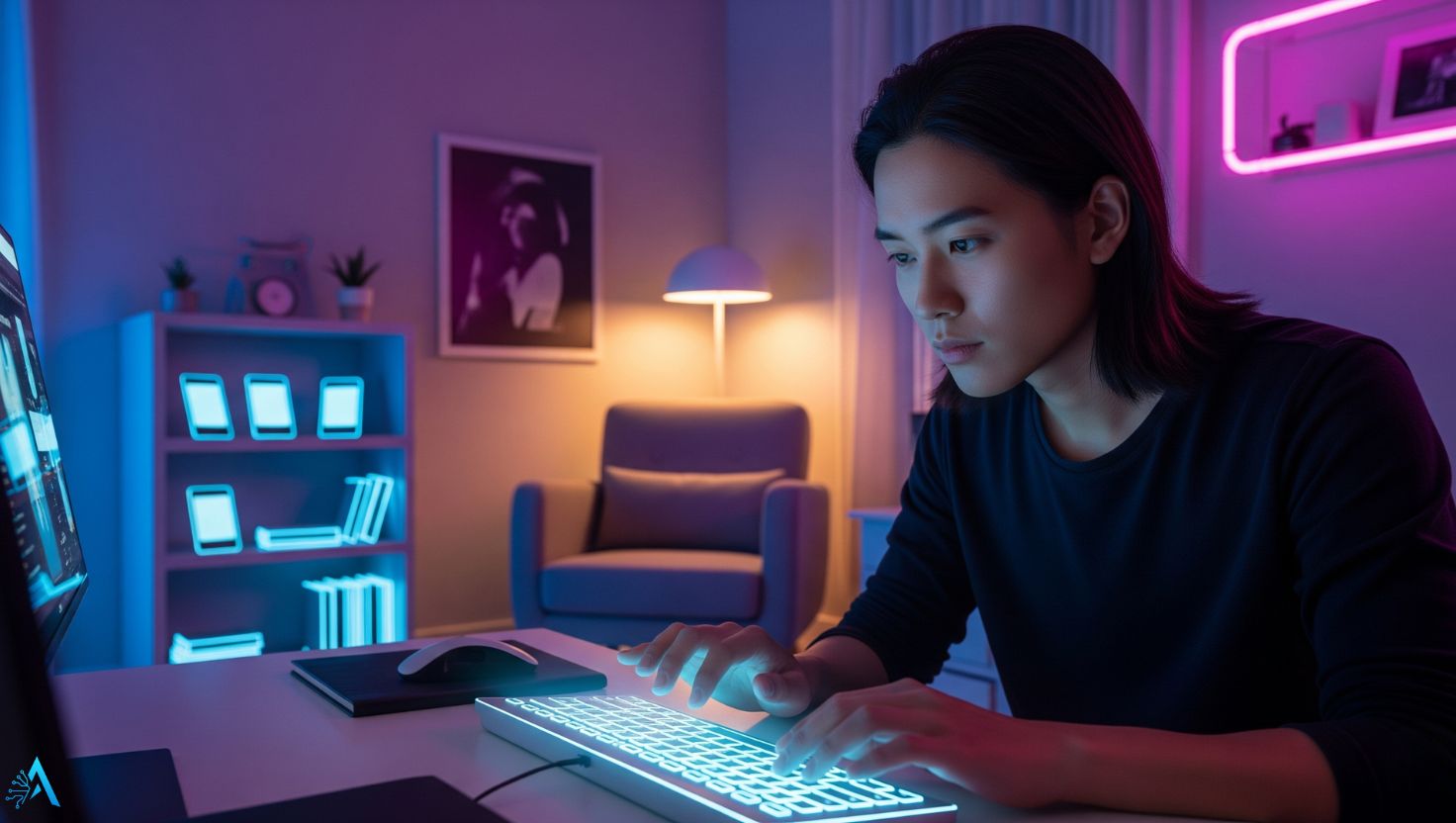 Creative writer using AI tools at night in a neon-lit room, working on a keyboard with focus