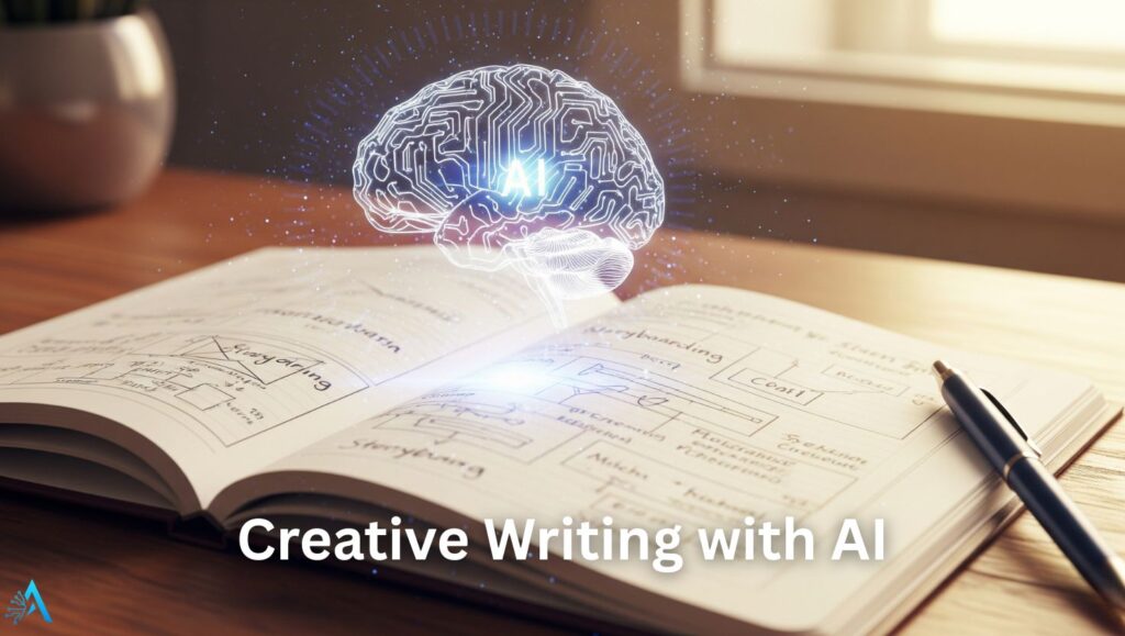 Open notebook with creative writing and AI brain overlay, representing AI tools that think like you in 2025