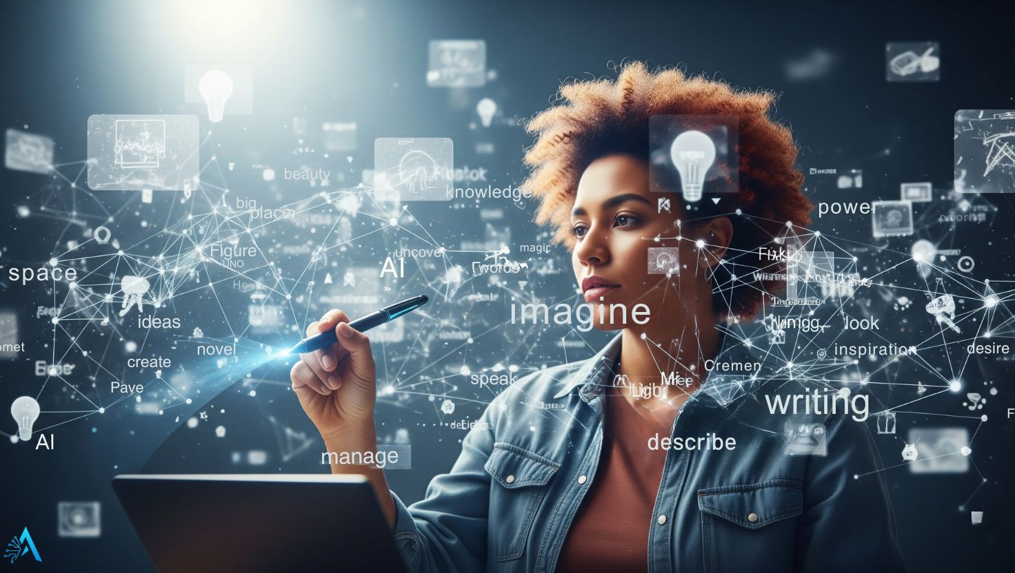 Woman exploring creative writing with AI in a futuristic digital environment full of ideas and inspiration