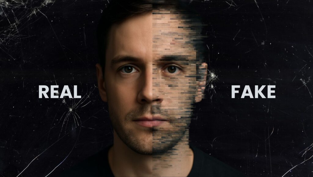Real vs fake face – visual representation of deepfake awareness 2025