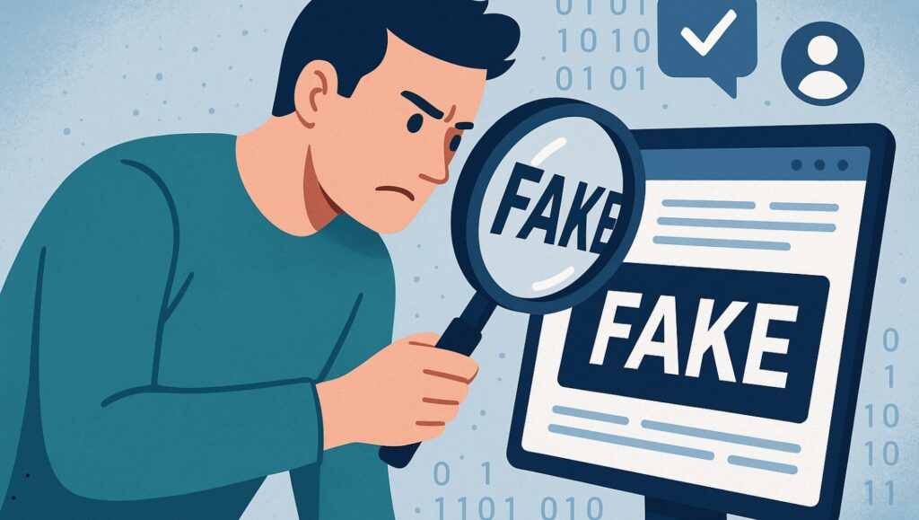 deepfake awareness 2025 Illustration of a person using a magnifying glass to inspect digital content marked as fake, symbolizing the search for truth in online information.