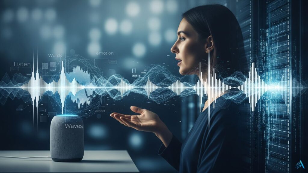 Woman speaking to a smart assistant, highlighting ethical AI and voice privacy concerns