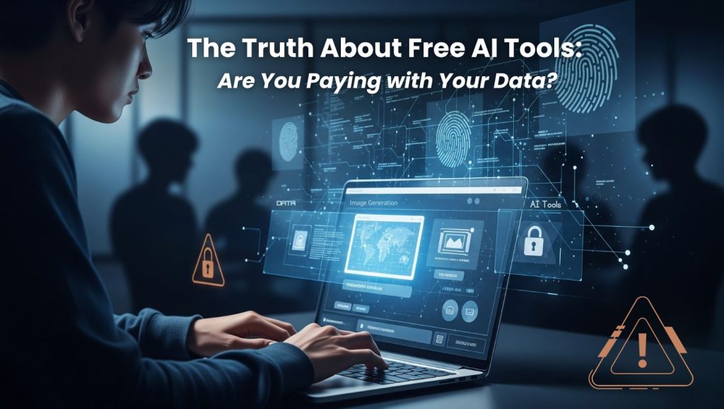 User interacting with free AI tools while hidden data and privacy risks loom in the background