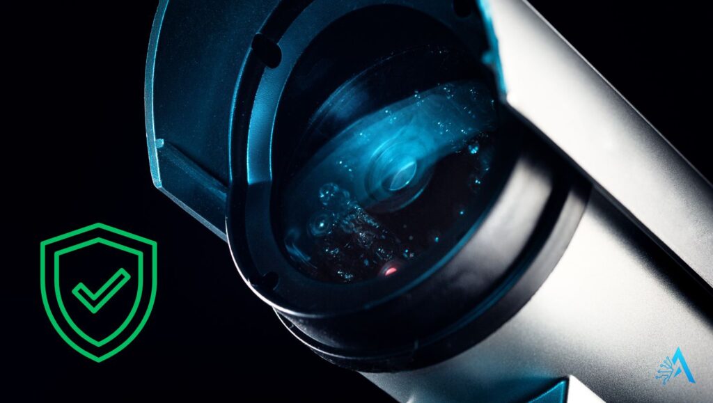 Illustration of AI security camera detecting people, tracking motion, and sending smart alerts (2025)