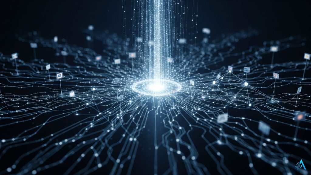 Neural network visualizing how AI understands visual data through interconnected nodes and image recognition pathways