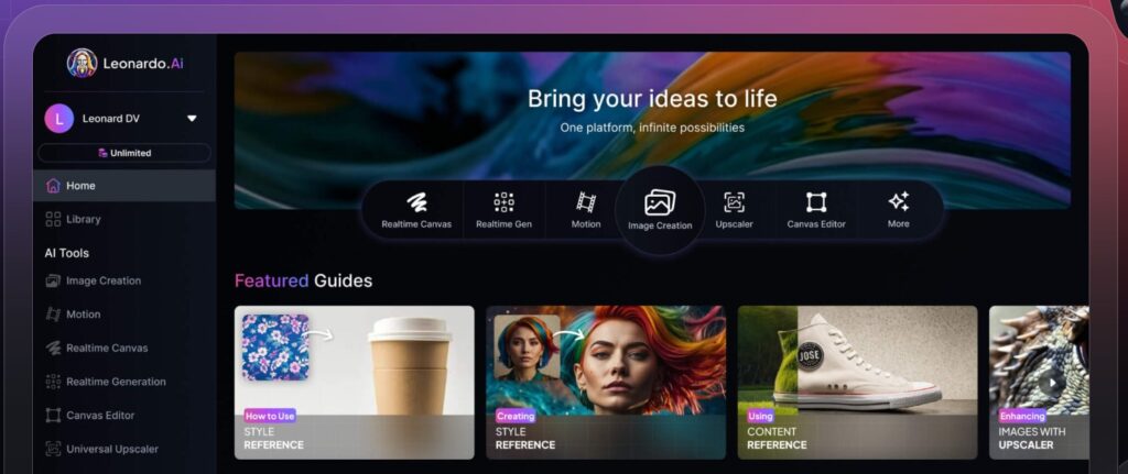 Leonardo AI dashboard interface for generating digital art, concept designs, and creative illustrations with AI tools