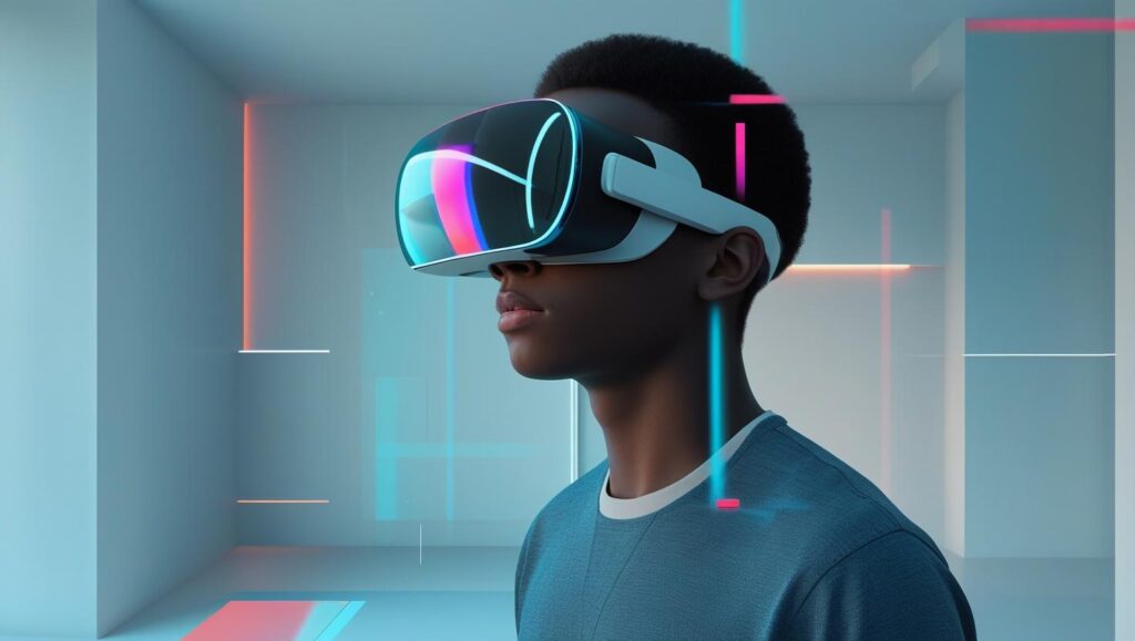 A user interacting with Meta Quest 3 vs Apple Vision Pro in a modern space, showing how AI mixed reality blends into daily life