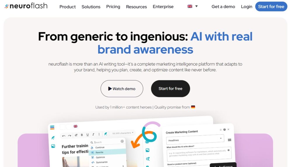 Dashboard comparison of Neuroflash vs ChatGPT AI copywriting tools for the EU market in 2025