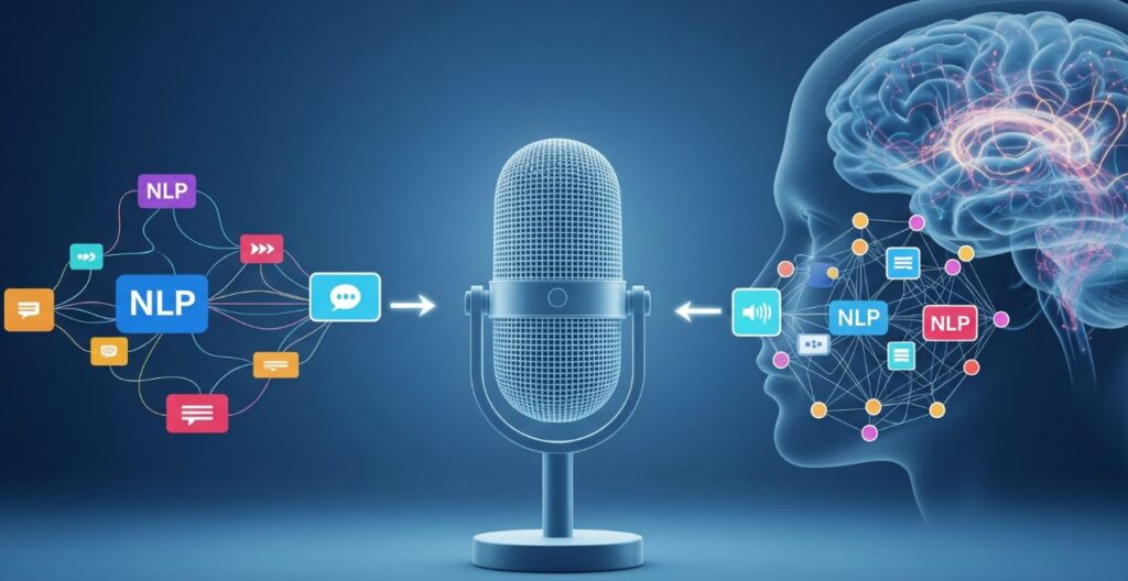 Visual explanation of NLP in voice assistants showing intent recognition and contextual understanding
