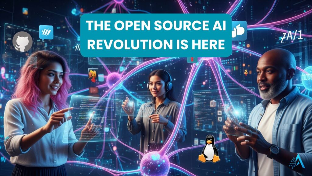 Open source AI model concept with neural network and global collaboration in 2025