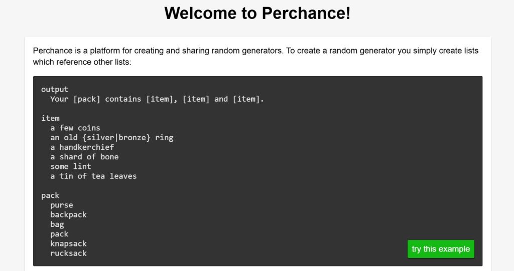 Perchance AI generator page – use random content generators with no login